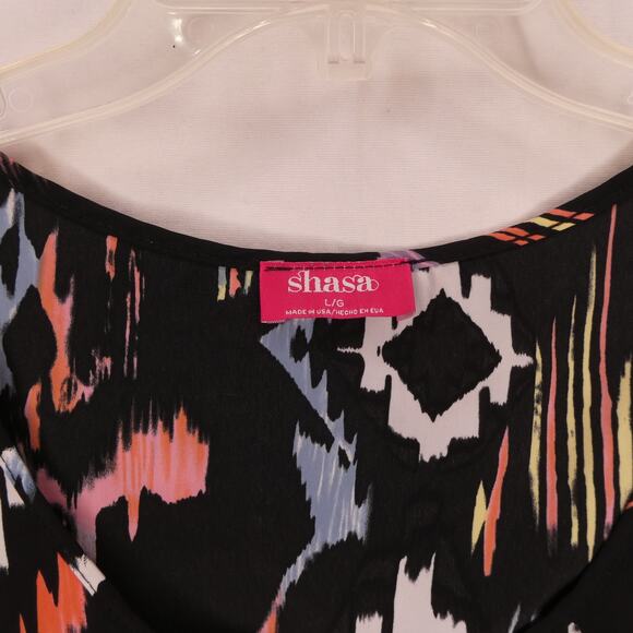 Shasa Women's Large Black Bright Colors Pattern Dress Sheath exposed middle back - Picture 4 of 9